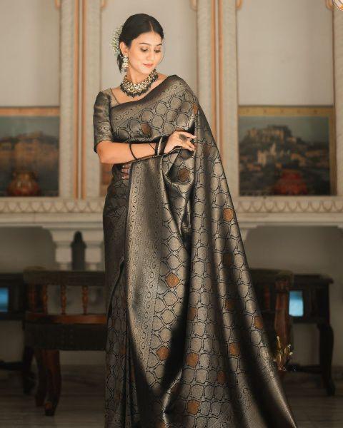 Charcoal Black Woven Silk Saree